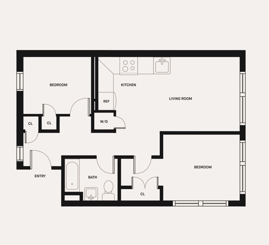 Floor plan for 2 beds, 1 bath, 646 sqft